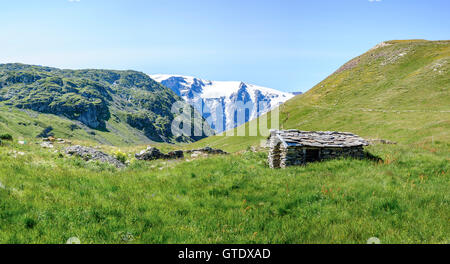 Gletscher der Mantel gesehen von Rif Tort mit eine Almhütte im Vordergrund, Alpen, Frankreich Stockfoto