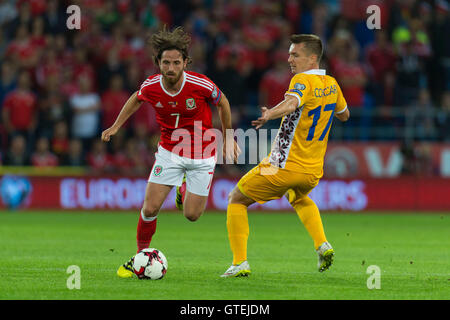 Walisischer Fußballspieler Joe Allen für Wales-Fußball-Nationalmannschaft im Einsatz. Stockfoto