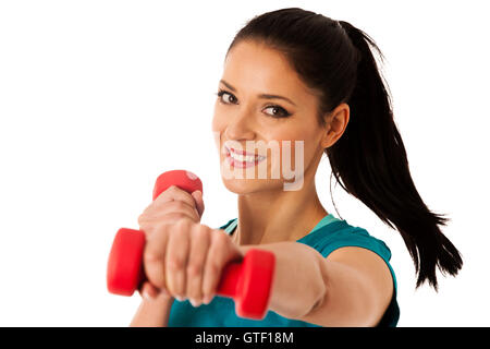 aktive Frau mit Hanteln trainieren Sie im Fitness-Studio, die isoliert auf weißem Hintergrund Stockfoto