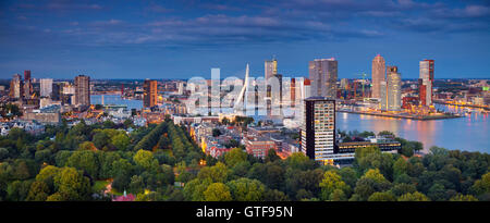 Rotterdam-Panorama. Panorama-Bild von Rotterdam, Niederlande während der blauen Dämmerstunde. Stockfoto