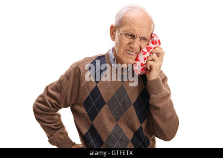 Reifer Mann erleben Zahnschmerzen isoliert auf weißem Hintergrund Stockfoto