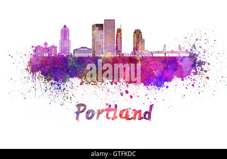 Skyline von Portland V2 in Aquarell Spritzer mit Beschneidungspfad Stockfoto