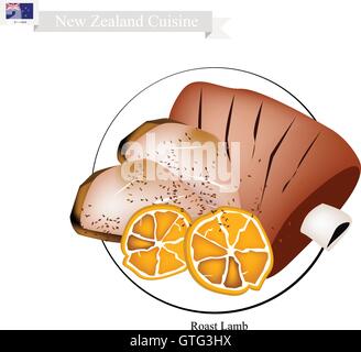 Neuseeländische Küche, Illustration von traditionellen Lammbraten mit Kraut. Ein beliebtes Gericht in Neuseeland. Stock Vektor