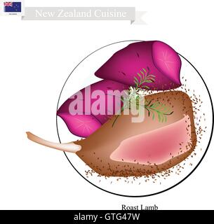 Neuseeländische Küche, Illustration von traditionellen gebratenes Lamm und Kartoffeln. Ein beliebtes Gericht in Neuseeland. Stock Vektor
