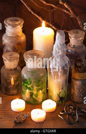 Hexe Apotheke Gläser magische Tränke Buch Halloweendekoration Stockfoto