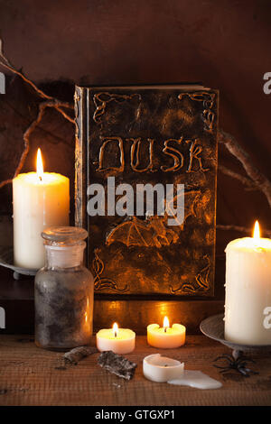 Hexe Apotheke Gläser magische Tränke Buch Halloweendekoration Stockfoto