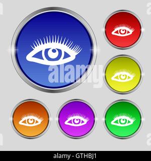 Wimpern-Symbol Zeichen. Rundes Symbol auf hellen bunten Knöpfen. Vektor Stock Vektor