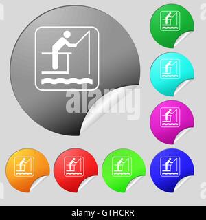 Angeln-Symbol Zeichen. Satz von acht Multi farbige Runde Buttons, Aufkleber. Vektor Stock Vektor
