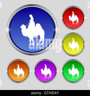 Kamel-Symbol Zeichen. Rundes Symbol auf hellen bunten Knöpfen. Vektor Stock Vektor