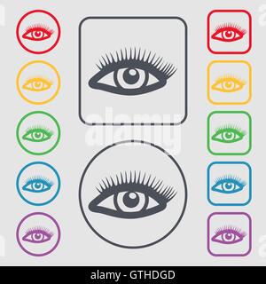 Wimpern-Symbol Zeichen. Symbol auf der Runde und quadratische Tasten mit Rahmen. Vektor Stock Vektor