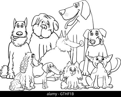 Schwarz / Weiß Cartoon Illustration der reinrassigen Hunde Tier Zeichen Gruppe Malbuch Stock Vektor