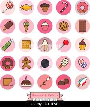 Sammlung von Süßigkeiten, Süßigkeiten, Kekse und Kuchen gefüllt Linie Symbole in rosa getönten Kreise Stock Vektor