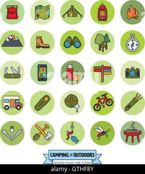 Camping, Wandern, trekking und Outdoor-Verfolgung gefüllt Linie Symbole im grünen Kreisen Sammlung Stock Vektor