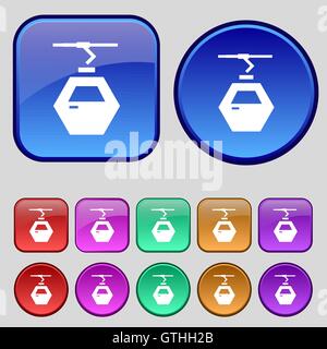 Seilbahn Kabine Symbol Zeichen. Eine Reihe von zwölf Vintage Knöpfe für Ihr Design. Vektor Stock Vektor