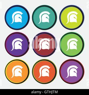Spartan Helm Symbol Zeichen. Neun Multi farbige Runde Tasten. Vektor Stock Vektor