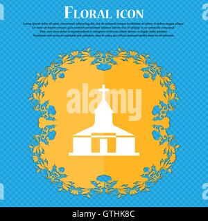 Kirche-Symbol Symbol. Flache Blütenmuster auf blauem abstrakten Hintergrund mit Platz für Ihren Text. Vektor Stock Vektor