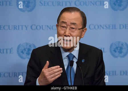 New York City, USA. 9. September 2016. Im Anschluss an die Test-Detonation einer Atombombe Sprengkopf-Kapazität in Punggye-ri-Region von Nordkorea verurteilen der Generalsekretär der Vereinten Nationen, Ban Ki-Moon sprach bei der Absteckung des Sicherheitsrats im UN-Hauptquartier in New York City, NY, den Test als einen weiteren Verstoß gegen alle vorhergehenden Sicherheitsrat verhängt Sanktionen. Bildnachweis: Pazifische Presse/Alamy Live-Nachrichten Stockfoto