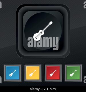 akustische Gitarre Symbol Symbol. Satz von fünf bunten, stilvolle Knöpfe am schwarzen Textur für Ihr Design. Vektor Stock Vektor