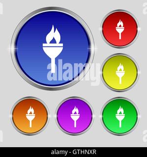 Fackel-Symbol Zeichen. Rundes Symbol auf hellen bunten Knöpfen. Vektor Stock Vektor