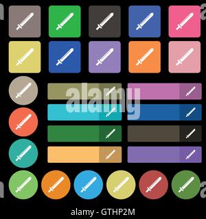 Schwert-Symbol Zeichen. Eingestellt von siebenundzwanzig mehrfarbige flache Schaltflächen. Vektor Stock Vektor