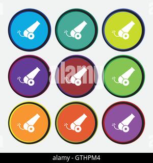 Kanone Symbol Zeichen. Neun Multi farbige Runde Tasten. Vektor Stock Vektor