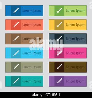 Schwert-Symbol Zeichen. Satz von zwölf rechteckigen, bunte, schöne, qualitativ hochwertige Buttons für die Website. Vektor Stock Vektor