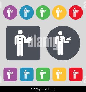 Kellner-Symbol Zeichen. Ein Satz von 12 farbige Tasten. Flaches Design. Vektor Stock Vektor