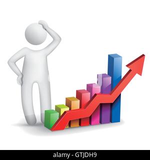 3D Mann mit einem weißen Hintergrund isoliert Balkendiagramm denken Stock Vektor
