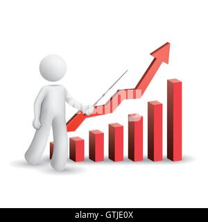 3D Mann ist den Balkendiagramm isoliert weißen Hintergrund erklären. Stock Vektor