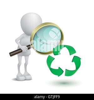 3D Person beobachten das recycling-Symbol mit der Lupe Stock Vektor