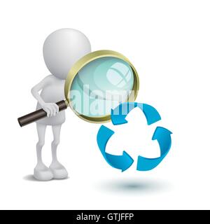 3D Person beobachten das recycling-Symbol mit der Lupe Stock Vektor