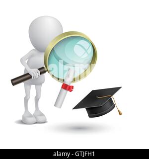 3D Person beobachtete die Graduation Cap und Diplom mit einer Lupe Stock Vektor