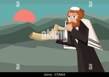 Jude, bläst das Schofar - Vektor-Cartoon-Illustration für jüdische Feiertag Stock Vektor