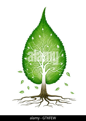 Grünes Blatt geformt Baum mit Ästen und Wurzeln Natur unendliche Fraktale spirituelle Zen Konzept isoliert auf weißem Hintergrund. Conc Stockfoto
