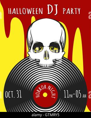 Halloween-DJ-Party-Plakat. Totenkopf über DJ Vinyl blutigen Hintergrund. Vektor-Illustration. Stock Vektor