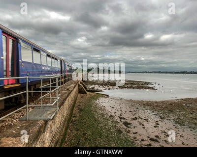 Abbildenden malerischen erstes Great Western Riviera Eisenbahnlinie entlang Fluß Exe an erstritt, mit einem vorbeifahrenden Zug Landschaft. Stockfoto