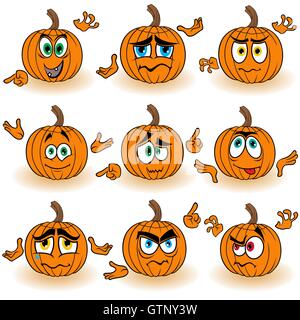 Satz von neun amüsant orange Halloween-Kürbisse, die mit Händen isoliert auf weißem Hintergrund, Cartoon Vektor Illus gestikulieren Stock Vektor