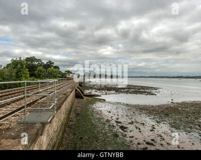 Landschaft abbildenden malerischen erstes Great Western Riviera Eisenbahnlinie entlang Fluß Exe an erstritt, mit Zug nähert. Stockfoto