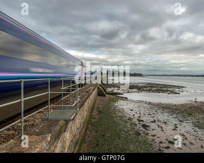 Abbildenden malerischen erstes Great Western Riviera Eisenbahnlinie entlang Fluß Exe an erstritt, mit einem vorbeifahrenden Zug Landschaft. Stockfoto