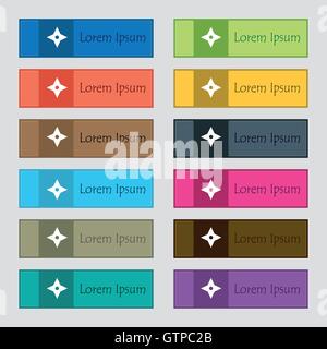 Ninja-Stern, Shuriken Symbol Zeichen. Satz von zwölf rechteckigen, bunte, schöne, qualitativ hochwertige Buttons für die Website. Vektor Stock Vektor