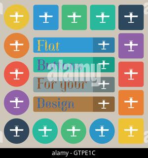 Flugzeug-Symbol Zeichen. Satz von zwanzig farbige flache, Runde, quadratische und rechteckige Schaltflächen. Vektor Stock Vektor