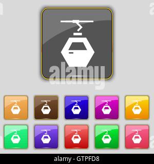 Seilbahn Kabine Symbol Zeichen. Set mit elf farbigen Buttons für Ihre Website. Vektor Stock Vektor
