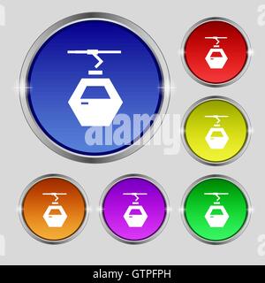 Seilbahn Kabine Symbol Zeichen. Rundes Symbol auf hellen bunten Knöpfen. Vektor Stock Vektor