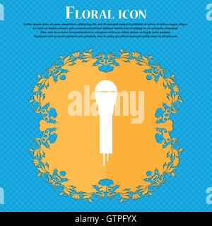 Mikrofon-Symbol-Symbol. Flache Blütenmuster auf blauem abstrakten Hintergrund mit Platz für Ihren Text. Vektor Stock Vektor