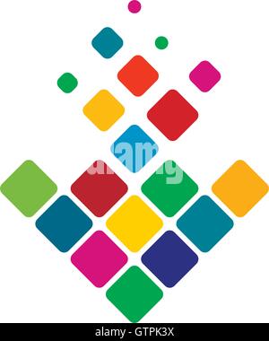 Isolierte abstrakte bunte Raute Form Mosaik-Vektor-Logo. Ungewöhnliche geometrische Pfeil nach unten Richtungszeichen. Leuchtend buntes puzzle Stock Vektor