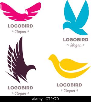 Isolierte bunte fliegende Vögel Vektor-Logo-Set. Tierische Logos Sammlung. Stock Vektor