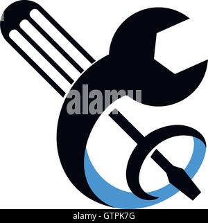 Isolierte schwarze und blaue Farbe technische Hilfsmittel-Vektor-Logo. Mechanische Ausrüstung Schriftzug. Runde Form-Vektor-Illustration. Bankengesprächen Stock Vektor