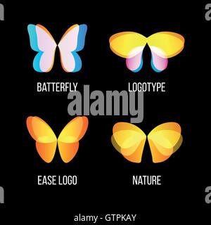 Isolierte bunte Schmetterlinge-Vektor-Logo-Set. Fliegende Insekten-Logos-Sammlung. Wilde Natur Elemente Symbole. Flügel-illustrati Stock Vektor