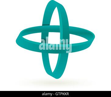 Isolierte blau Kreuz Vektor-Logo. Abstrakte Kreise auf dem weißen Hintergrund. Geometrische Elemente. Bewegung der Atome. Stock Vektor