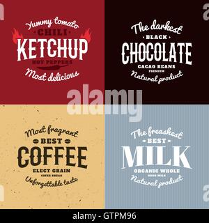 Isoliert, Ketchup, Schokolade, Kaffee, Milch-Vektor-Logo-Set. Retro-Stil-Embleme. Stock Vektor